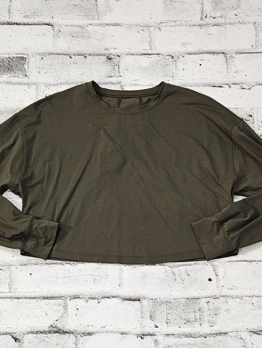 Lululemon Dark Olive Green Cropped Long Sleeve Athletic Top Relaxed Fit